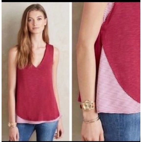ANTHROPOLOGIE Deletta Weekdays Knit Top Small Sleeveless Layered Berry Pink - Picture 1 of 12
